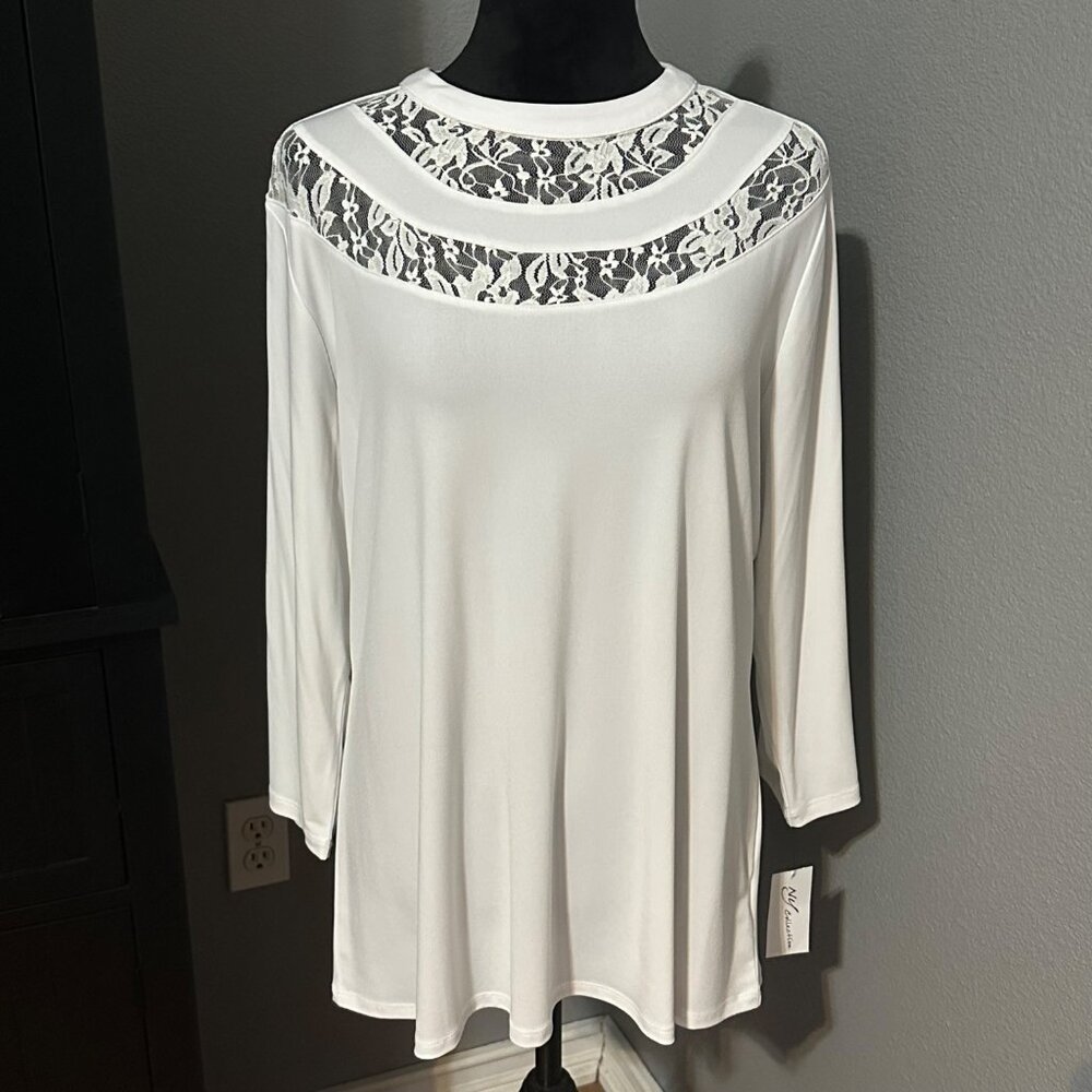 NY Collection Womens Blouse XL White Lace Yoke‎ 3/4 Sleeve Cottagecore NWT